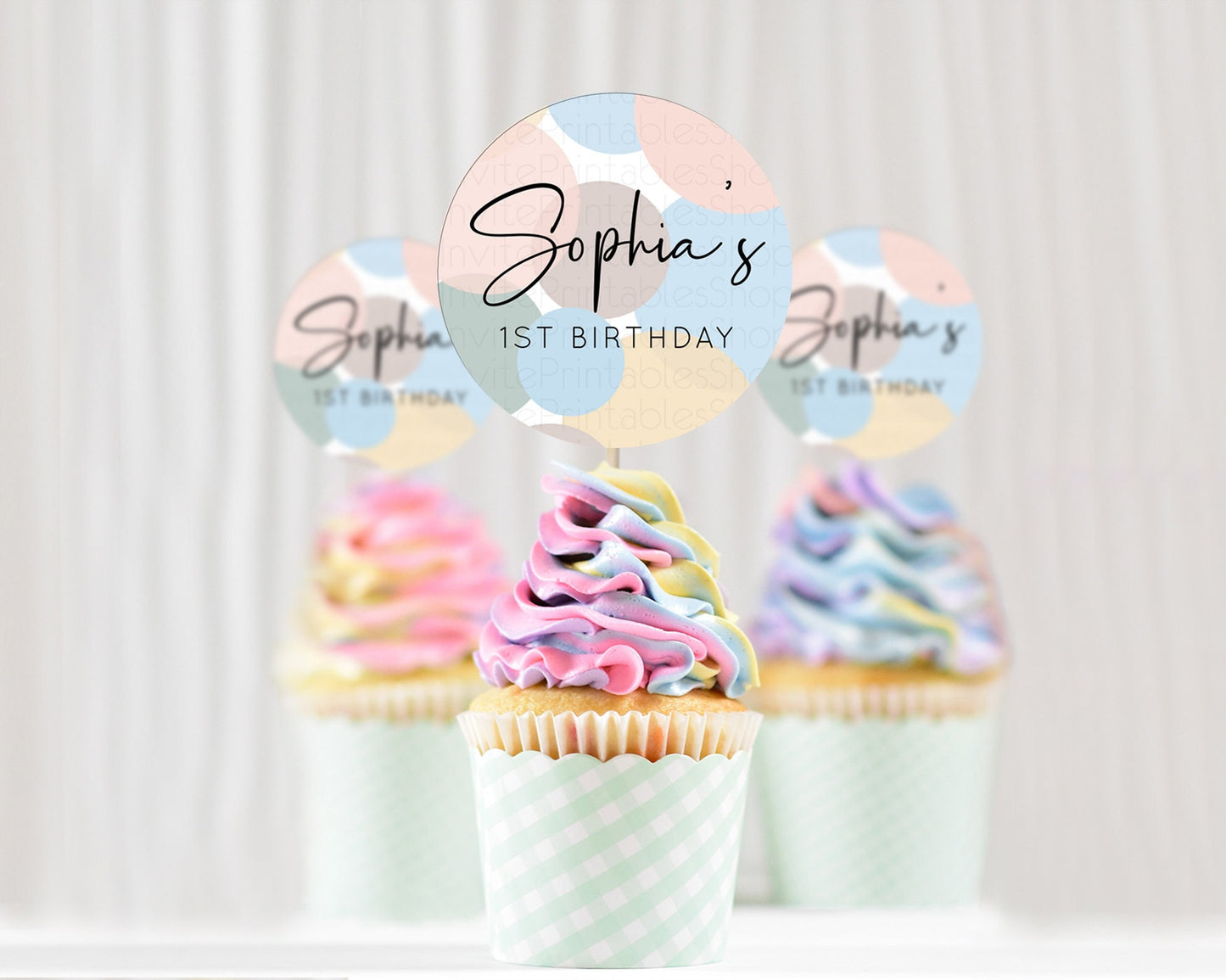 Pastel Cupcake Toppers Pastel Confetti Cupcake Topper Bubbles Sprinkles Colorful Rainbow Confetti Cupcake First Birthday Party Décor D10602