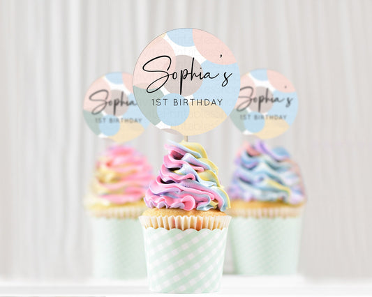 Pastel Cupcake Toppers Pastel Confetti Cupcake Topper Bubbles Sprinkles Colorful Rainbow Confetti Cupcake First Birthday Party Décor D10602