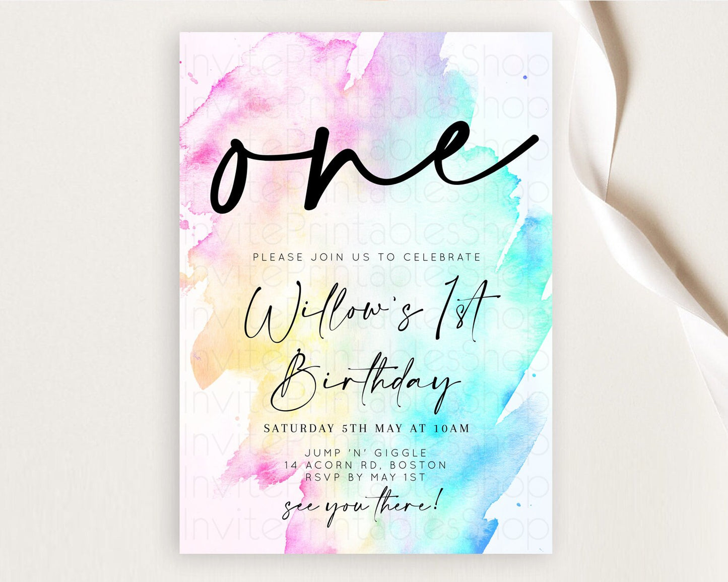 Rainbow Birthday Invitation Colorful Pastel Watercolor Invitation Gold Glitter Sprinkles Ombre Pastel 1st 2nd 3rd Birthday D11020