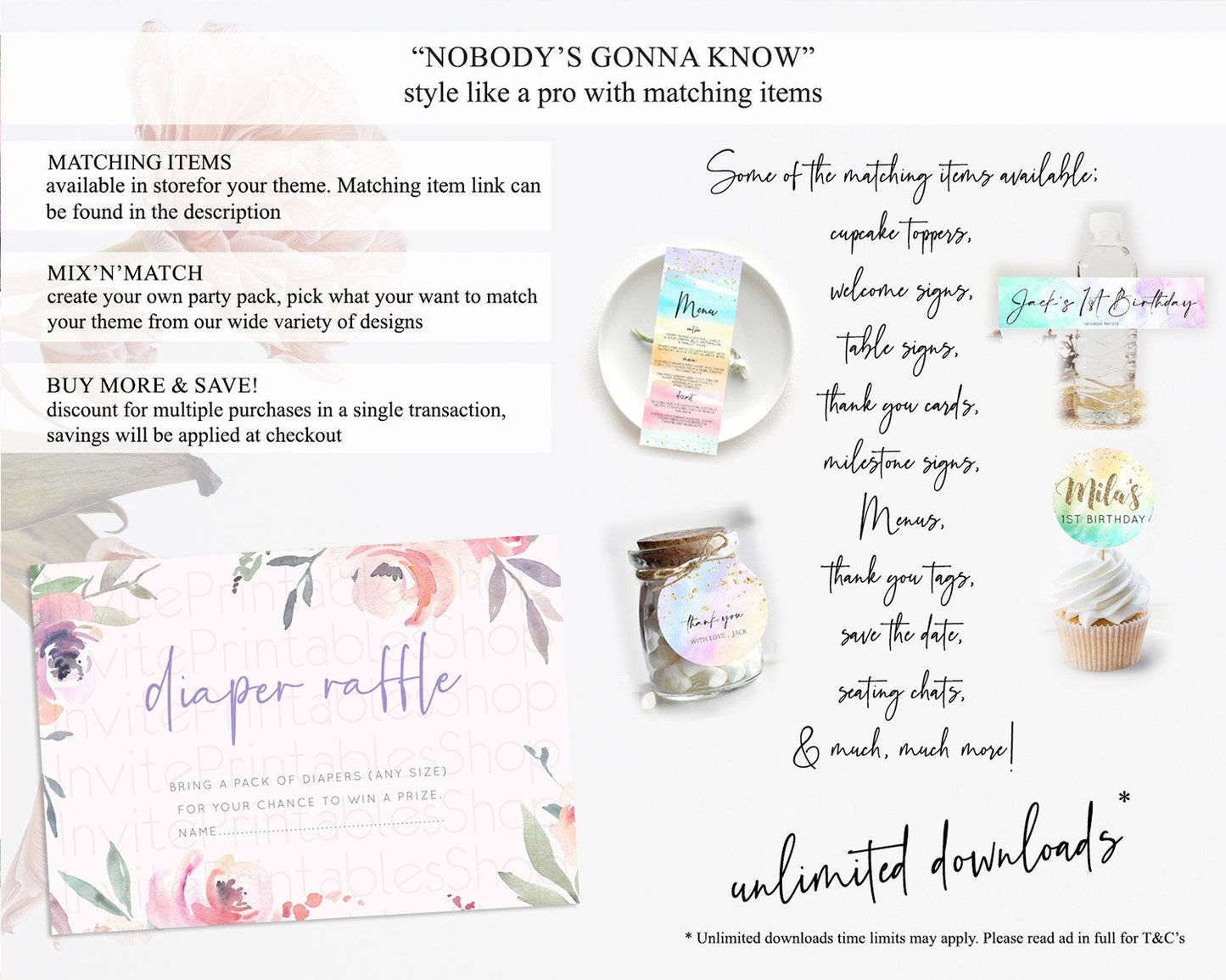 Secret Garden Diaper Raffle Card Boho Wildflower Diaper Raffle Insert Pastel Flower Garden Baby Shower Card Flower Raffle Game D10198