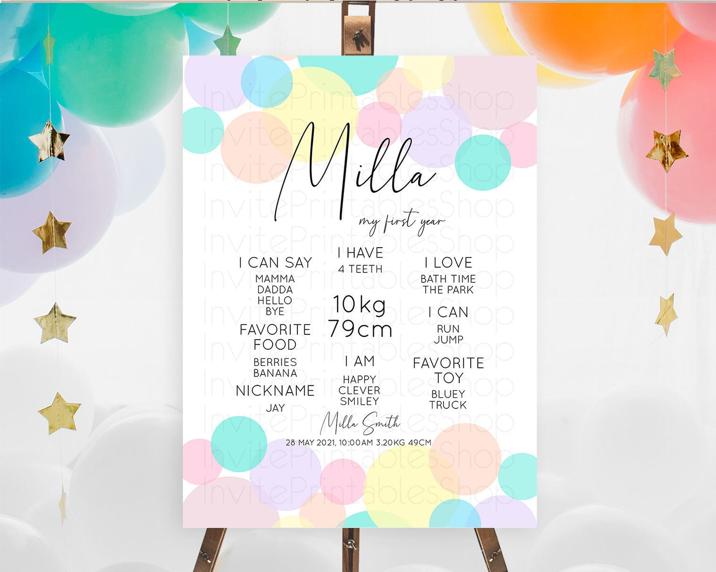 Pastel First Birthday Milestone Poster Pastel Rainbow Confetti First Birthday Milestone Board Colorful Bubbles Birthday Welcome Sign D10784