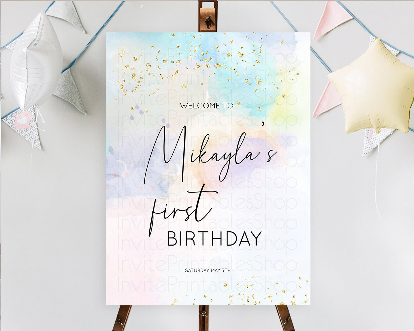 Pastel Welcome Sign Pastel Rainbow Welcome Sign Colorful Rainbow Confetti Watercolor Glitter Pastel First Birthday Welcome Sign D10769