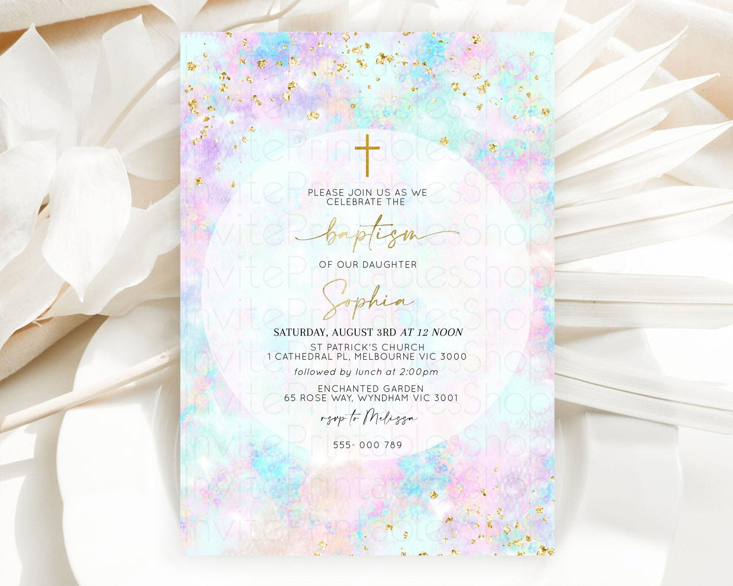 Pastel Baptism Invitation Pastel Colors Watercolor Baptism 1st Birthday Party Gold Ombre Pastel Rainbow Christening Holy Communion D10652