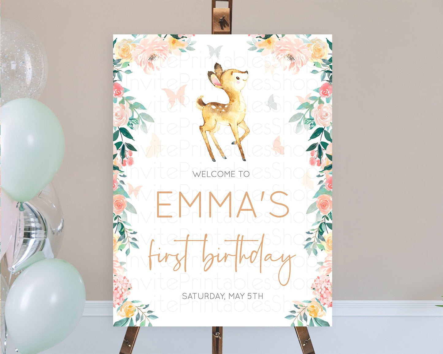 Fawn Welcome Sign Deer Welcome Board Floral Deer Welcome Poster Enchanted Forest Butterfly Pastel Floral First Birthday Welcome Sign D10753