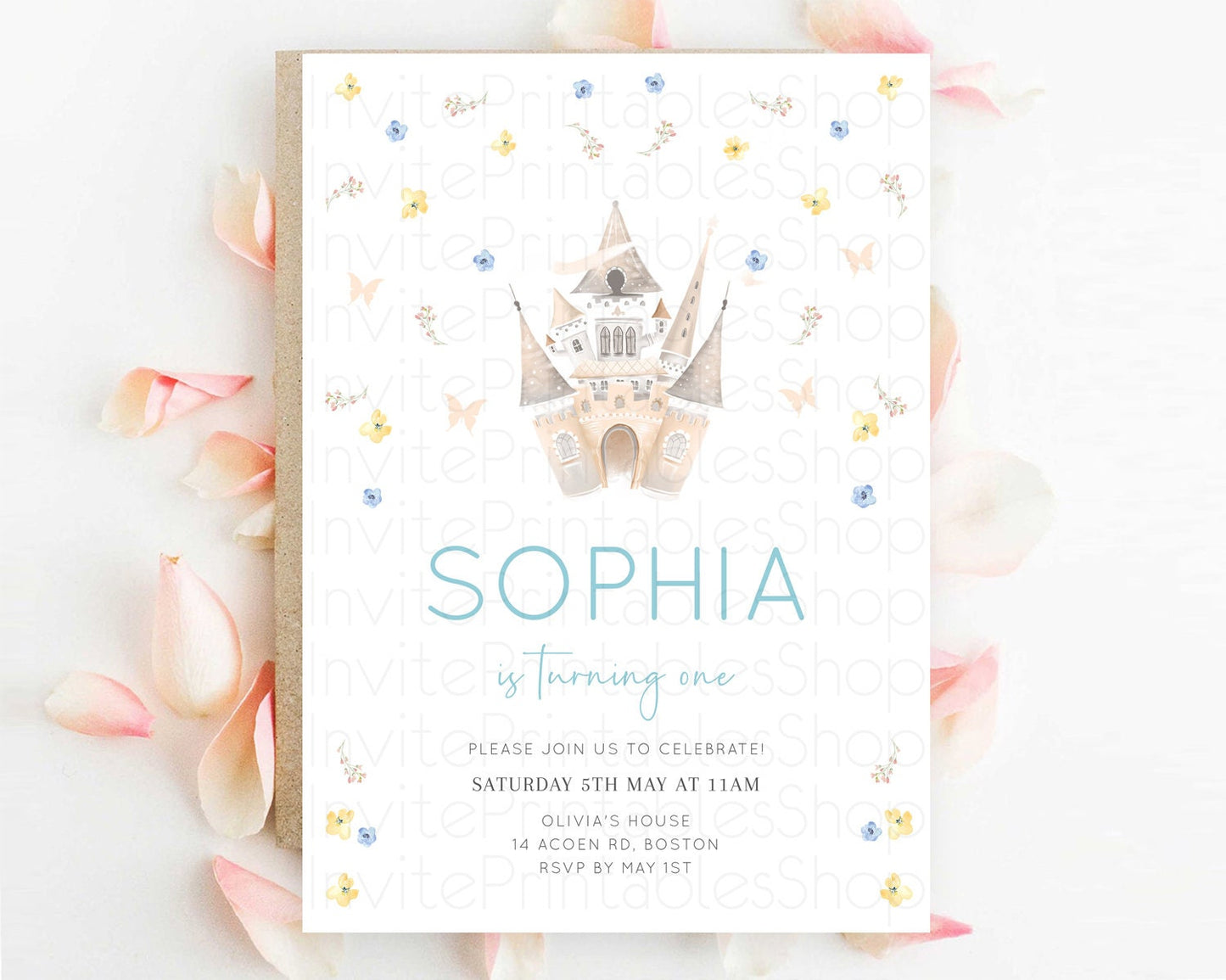 Princess Birthday Invitation Castle Invitation Royal Birthday Fairy Tale Enchanted Castle Pastel Floral Garden 1st First Birthday D10365