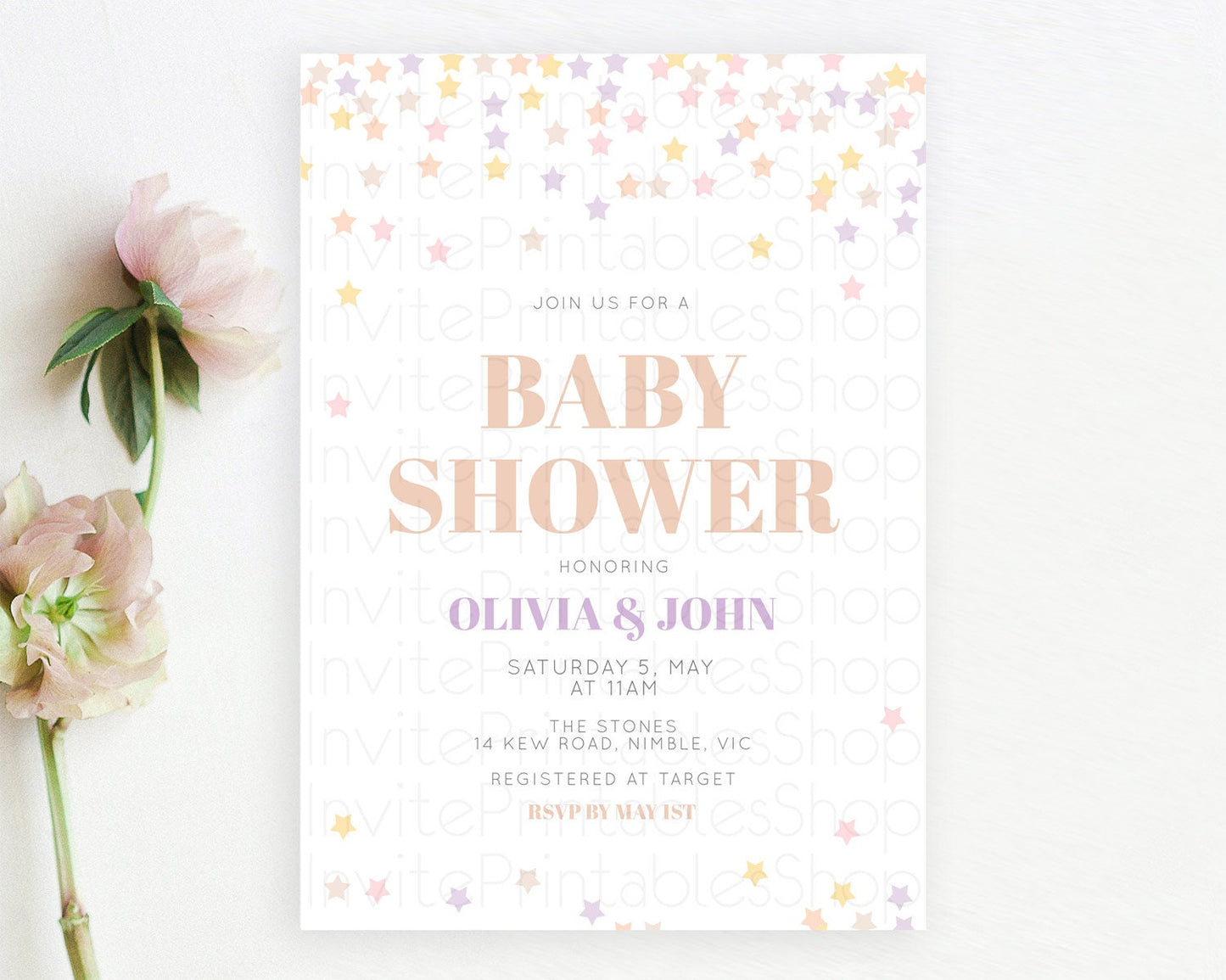 Twinkle Star Baby Shower Invitation, Star Invitation, Soft Pastel Orange and Purple Confetti Stars Twinkle Theme for Gender Reveal D10810