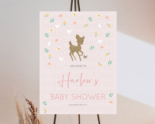 Fawn Baby Shower Welcome Sign Deer Welcome Board Floral Deer Welcome Poster Enchanted Forest Butterfly Pastel Floral Welcome Sign D10386