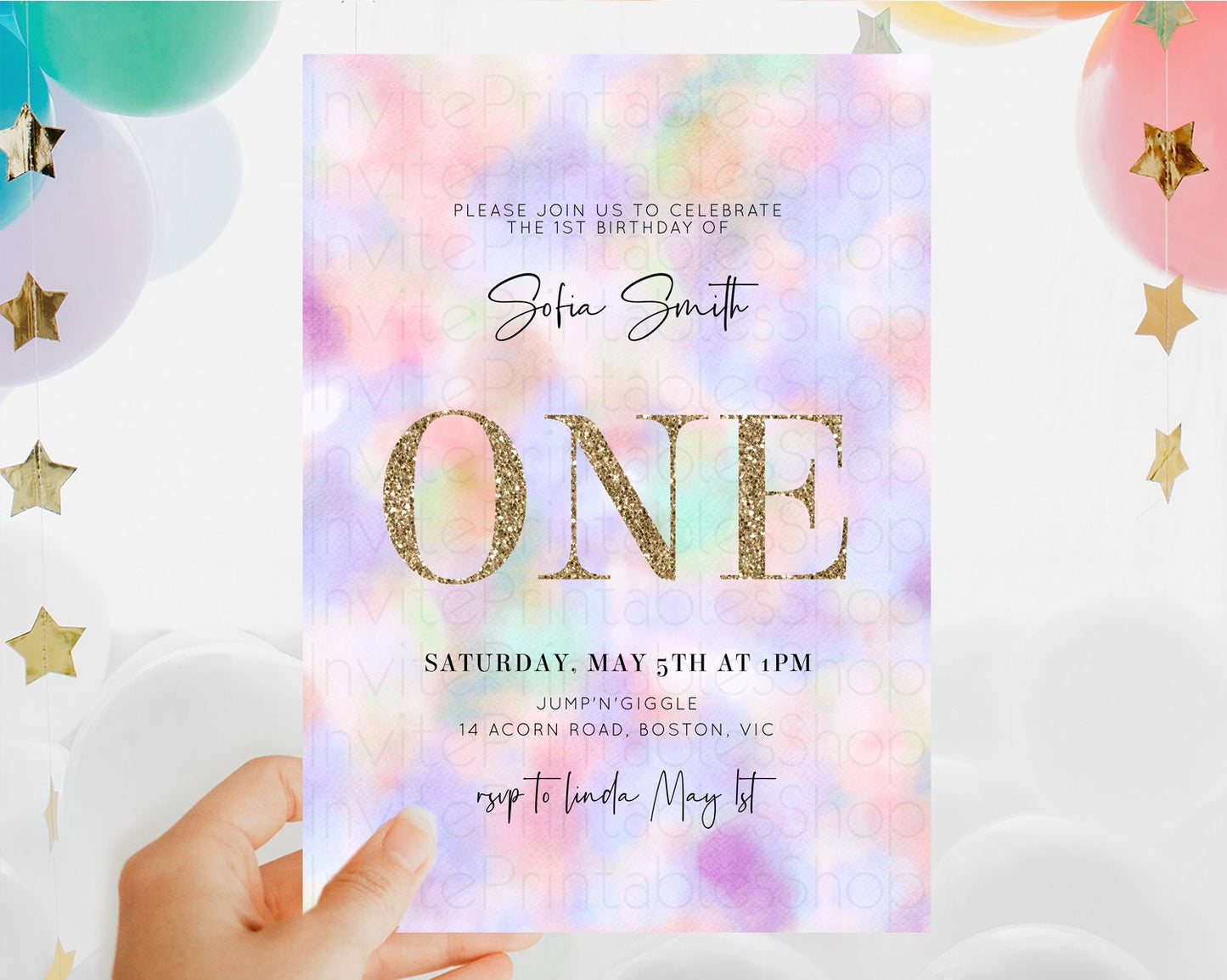 Rainbow Birthday Invitation Colorful Pastel Watercolor Invitation Gold Glitter Sprinkles Ombre Pastel 1st 2nd 3rd Birthday D10697