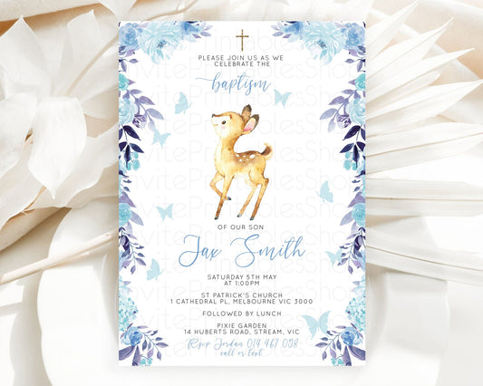 Fawn Baptism Invitation Deer Baptism 1st Birthday Invitation Enchanted Forest Christening Invitation Pastel Garden Butterfly Floral D10917