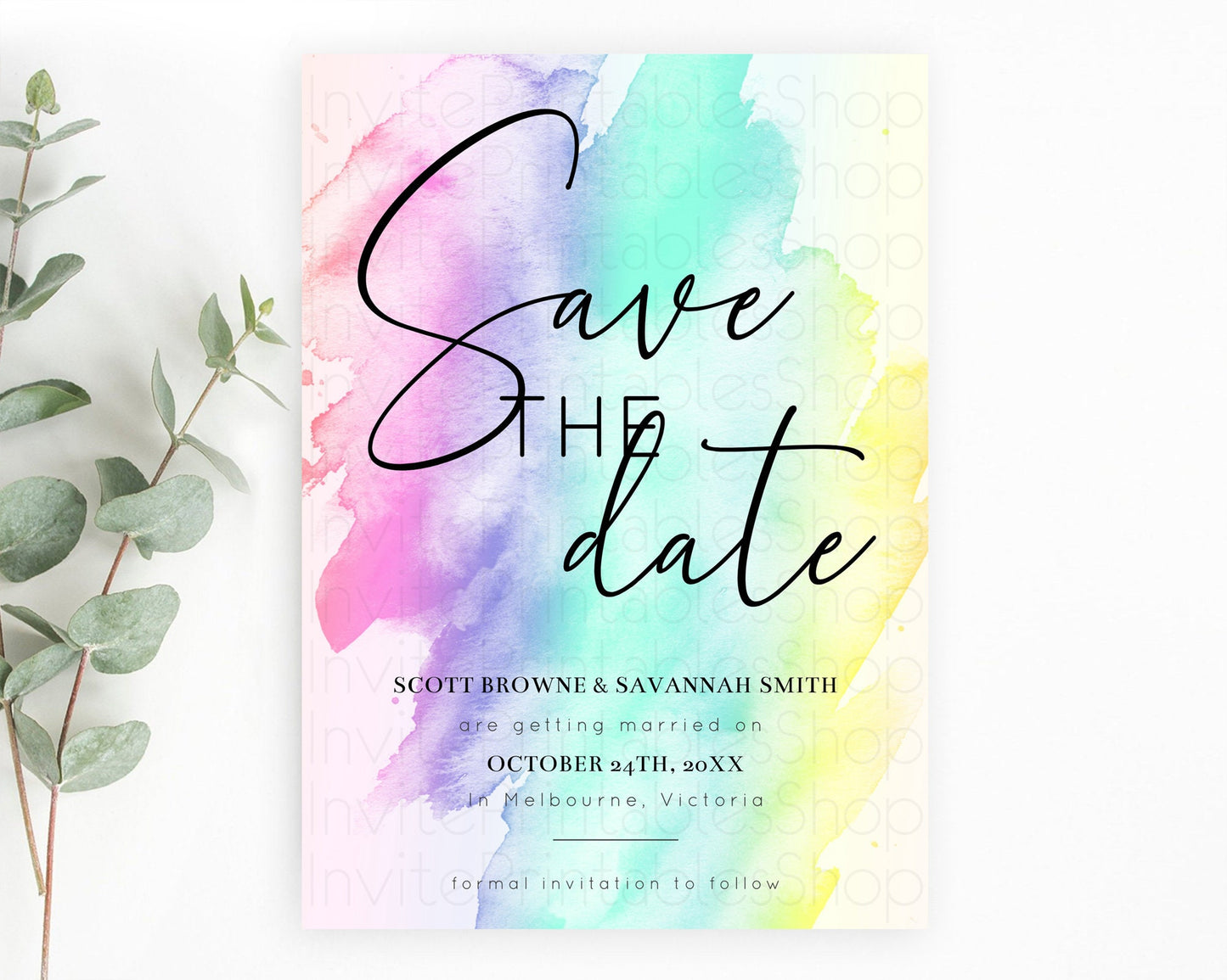 Pastel Save The Date Template Pastel Ombre Rainbow Watercolor Colorful Party For Birthday Baptism Baby Shower Wedding Bridal Shower D10231