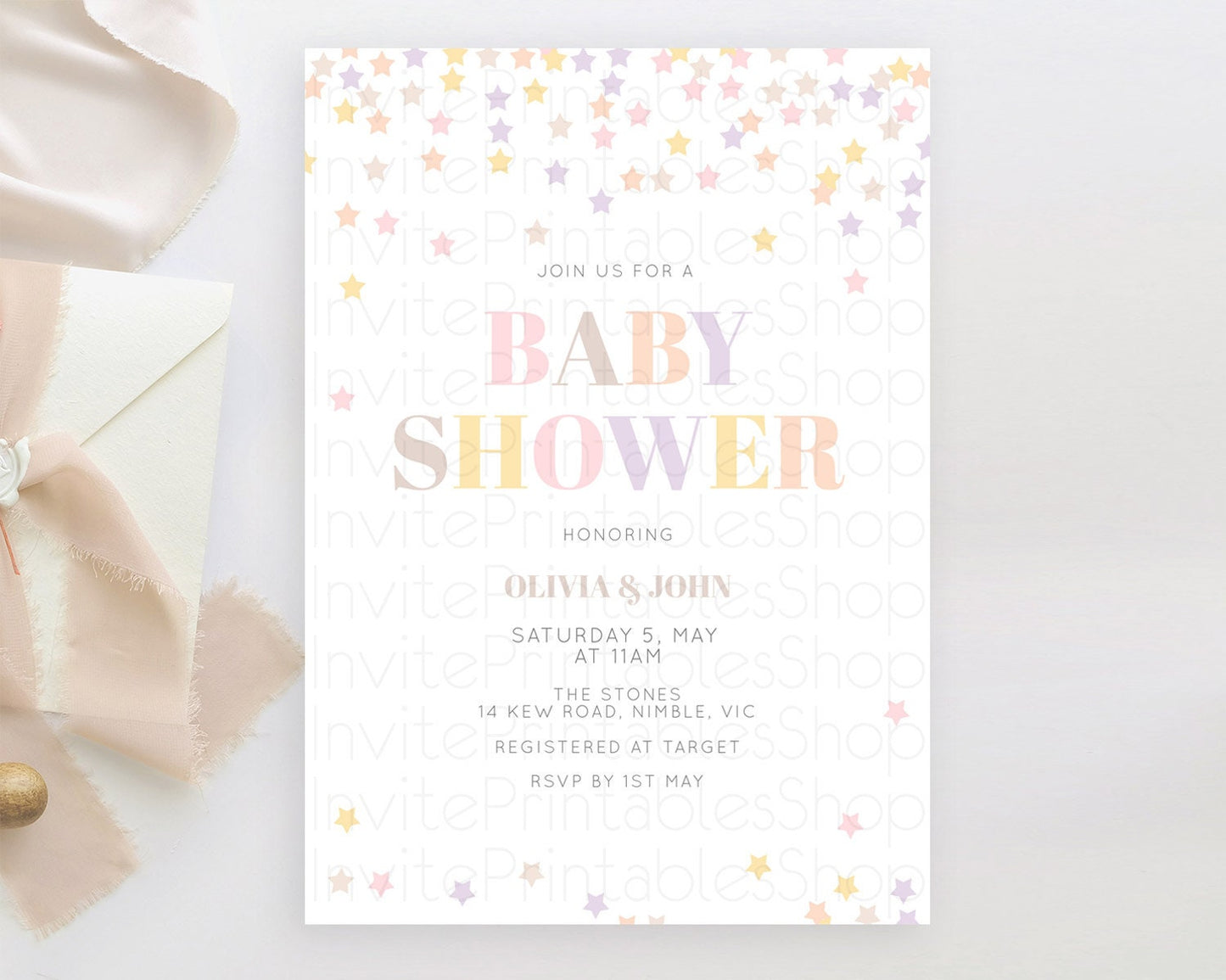 Twinkle Star Baby Shower Invitation, Pastel Colorful Sprinkles, Rainbow Confetti Stars - Purple, Yellow Orange Theme Gender Reveal D10810