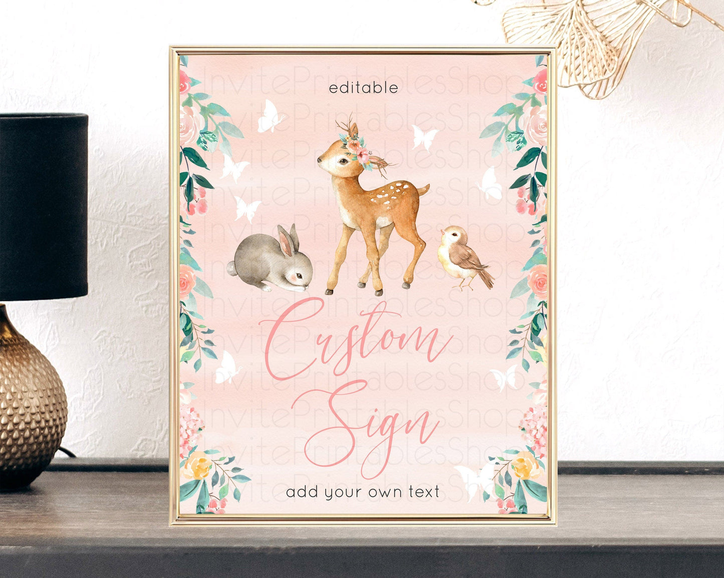 Fawn Deer Sign Pastel Floral Deer Table Sign Decor Enchanted Forest Butterfly Party 1st Birthday Baptism Baby Shower Bridal Shower D10921