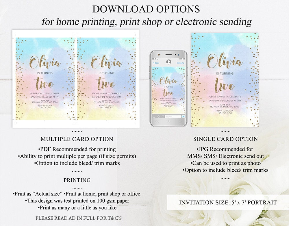 Rainbow Birthday Invitation Ombre Pastel Invitation Colorful Watercolor Splash Invite Gold Glitter Sprinkles 1st 2nd 3rd