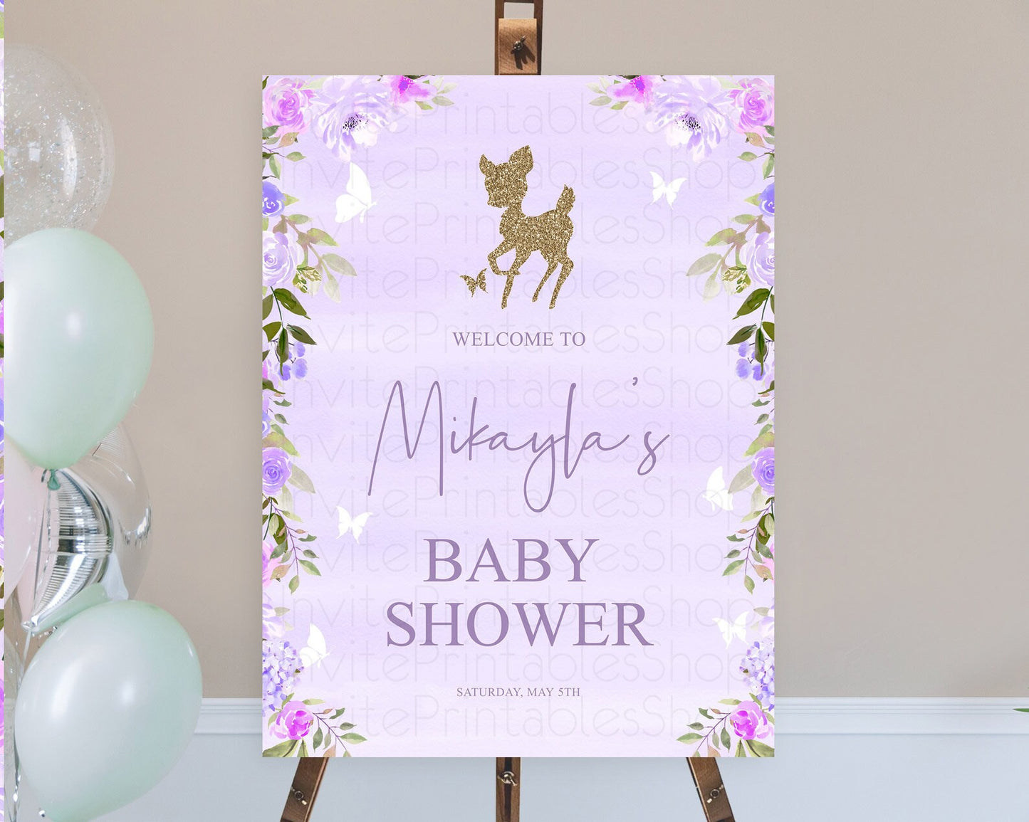 Fawn Baby Shower Welcome Sign Deer Welcome Board Floral Deer Welcome Poster Enchanted Forest Butterfly Pastel Floral Welcome Sign D10963