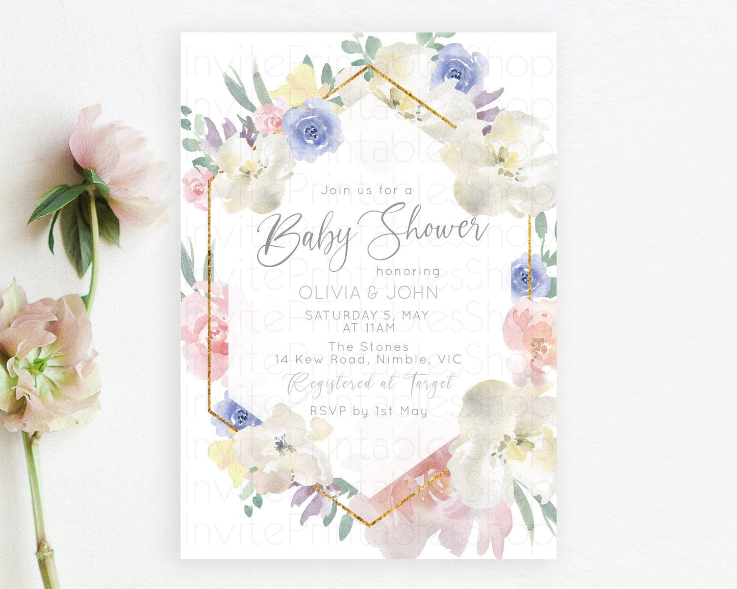 Wildflower Baby Shower Invitation, Enchanted Garden, Secret Garden, Pastel Flowers, Soft Pink, Blue White Floral, Blooms, Botanical D10254