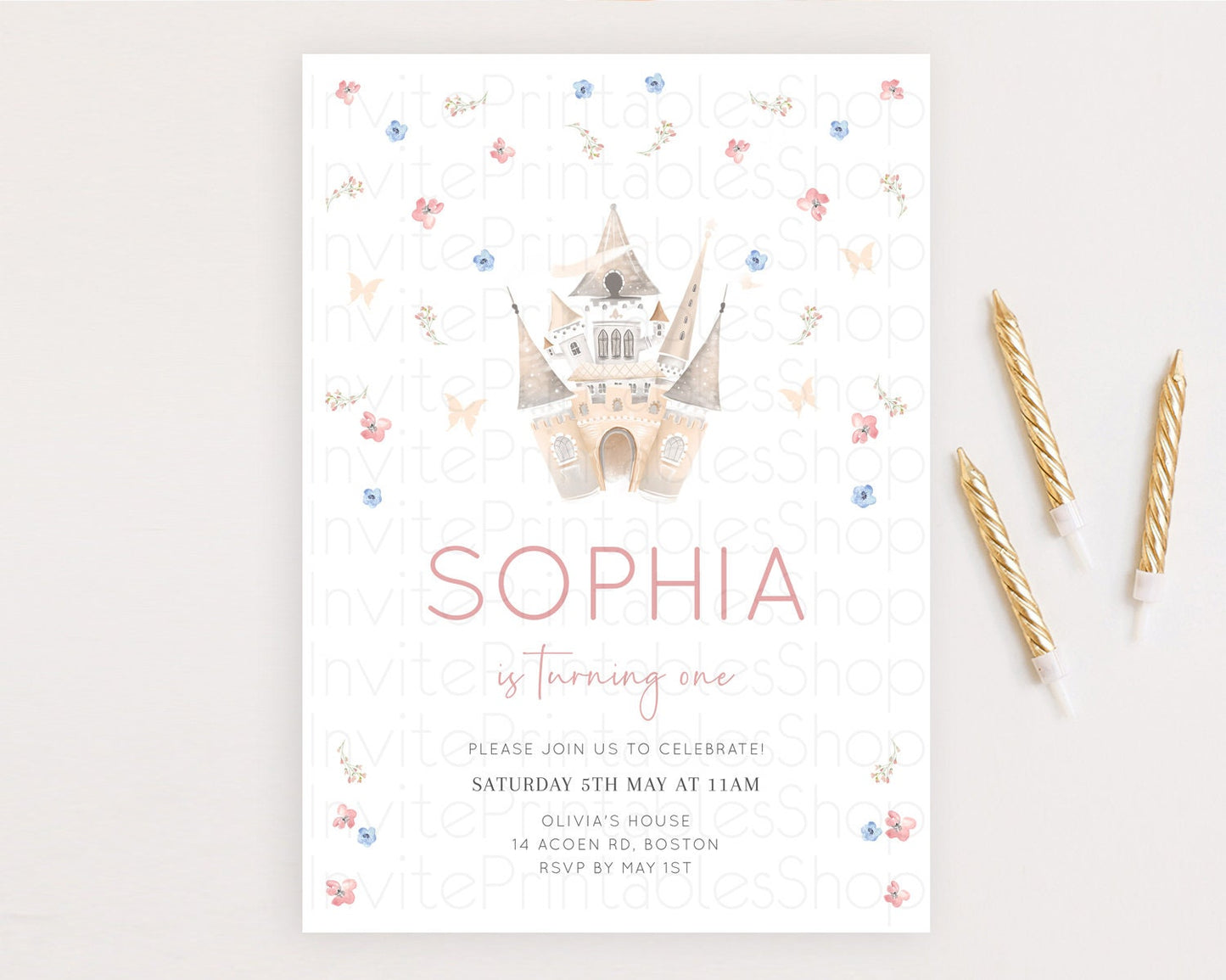 Princess Birthday Invitation Castle Invitation Royal Birthday Fairy Tale Enchanted Castle Pastel Floral Garden 1st First Birthday D10364