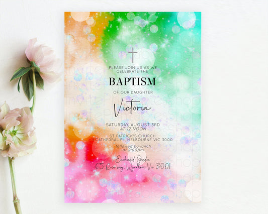 Rainbow Baptism Invitation Colorful Pastel Watercolor Baptism 1st Birthday Invitation Iridescent Glitter Sprinkles Ombre Christening D10691