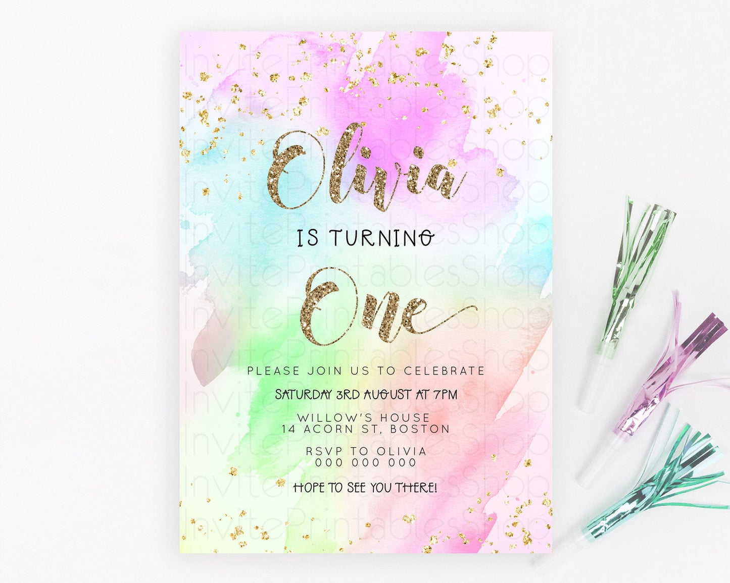 Rainbow Birthday Invitation Colorful Pastel Watercolor Invitation Gold Glitter Sprinkles Ombre Pastel 1st 2nd 3rd Birthday D23303