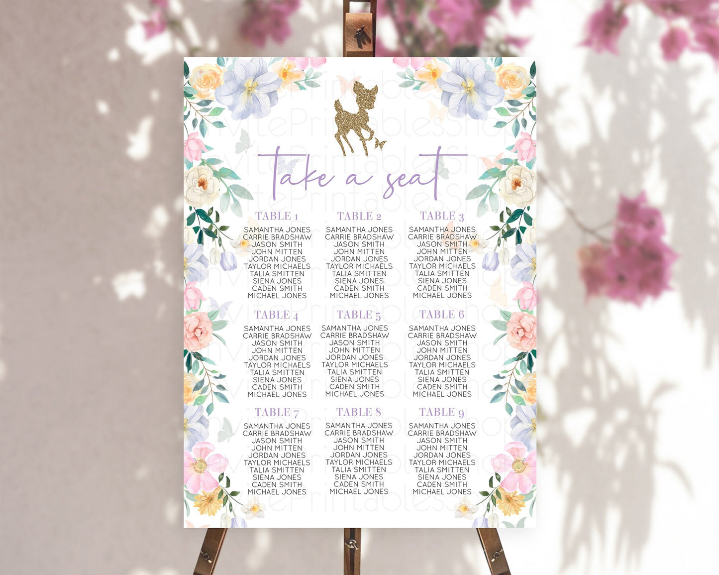 Fawn Seating Chart Deer Seating Chart Enchanted Forest Party Butterfly Pastel Flowers Whimsical Seating Chart Woodland Seating Sign D10477