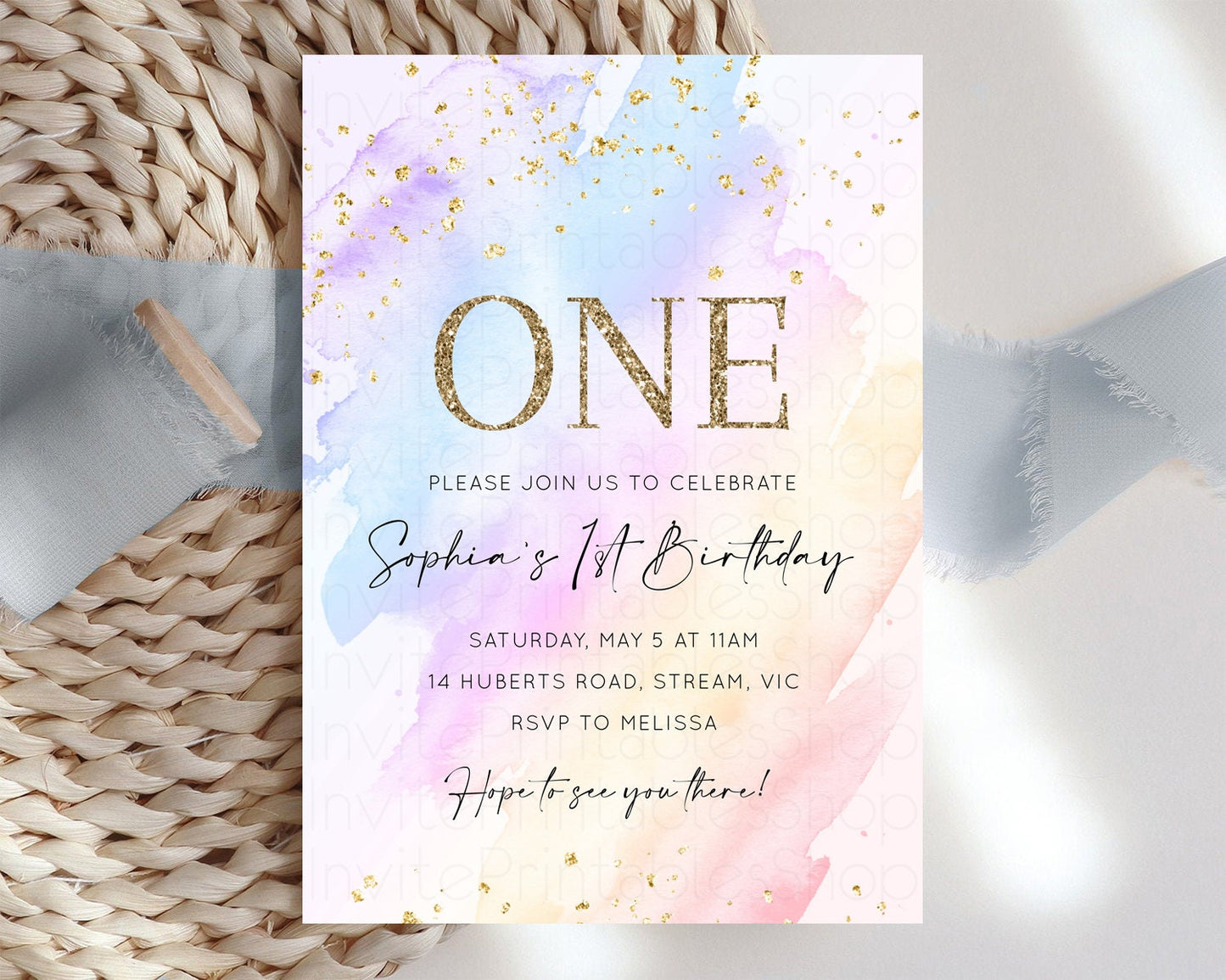 Rainbow Birthday Invitation Glitter Pastel Invitation Colorful Watercolor Gold Foil Splatter Sprinkle Ombre 1st 2nd 3rd Birthday Invite t600