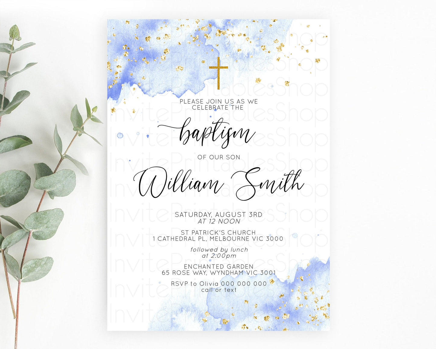 Blue Baptism Invitation Blue Watercolor Baptism 1st Birthday Invitation Pastel Blue Watercolor Christening Invite Blue Splash D10313