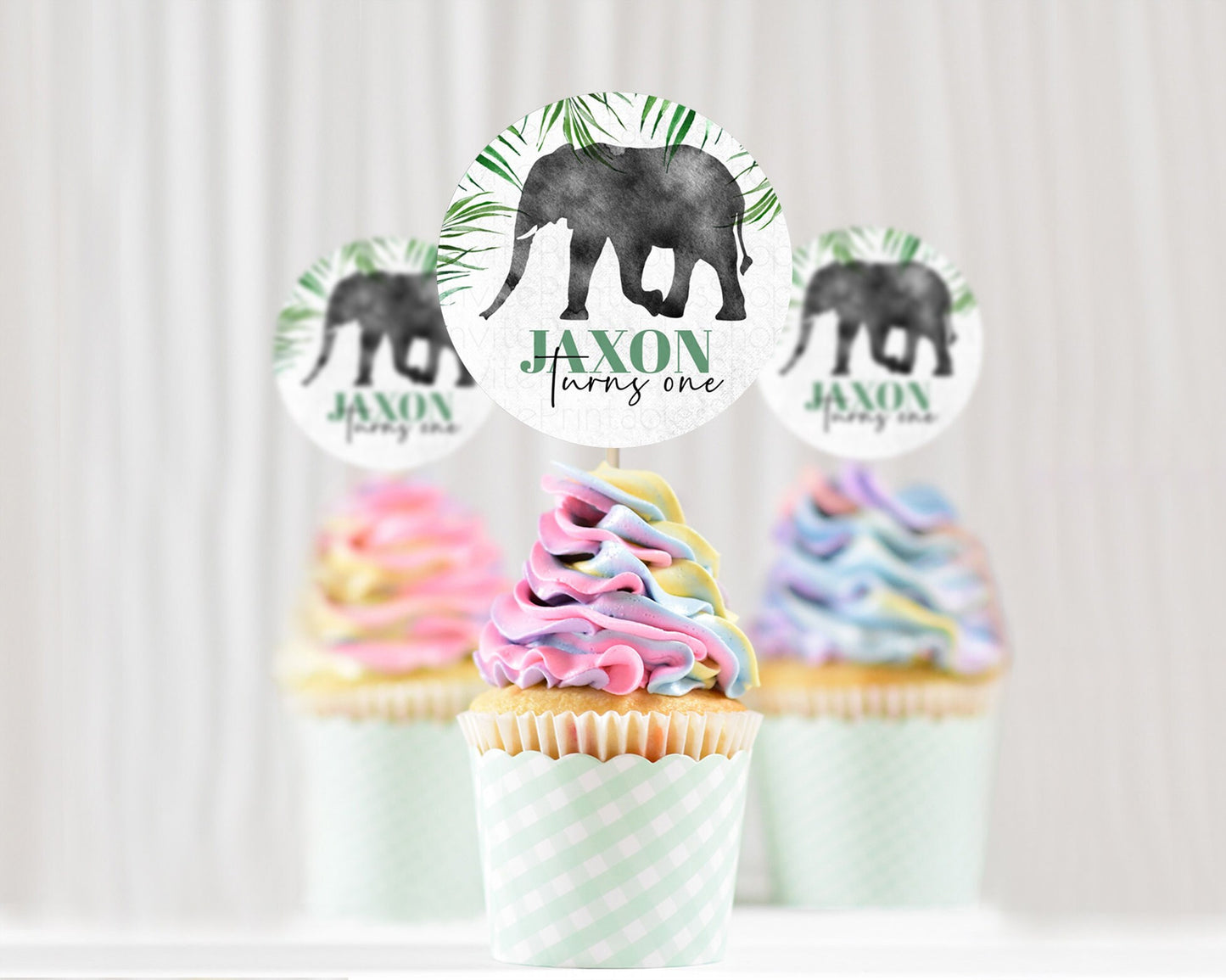 Elephant Cupcake Toppers Elephant Cupcake Elephant Party Safari Adventure Elephant Cupcake Topper Elephant Décor Zoo Fern Palm Leaf D10842