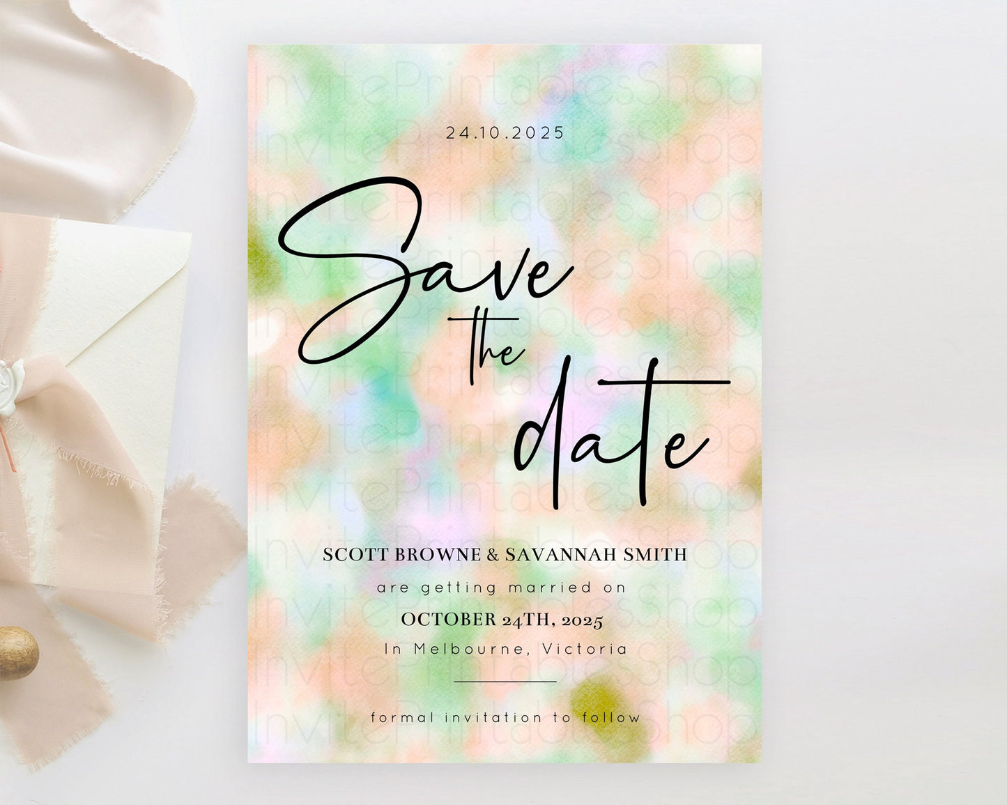 Pastel Save The Date Template Pastel Ombre Rainbow Watercolor Colorful Party For Birthday Baptism Baby Shower Wedding Bridal Shower D10693