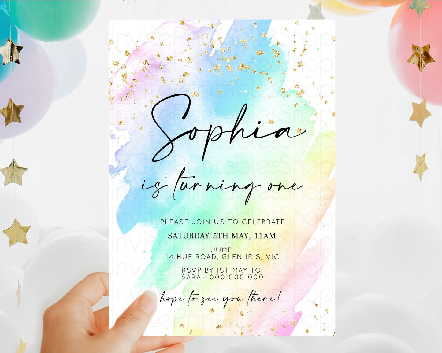 Rainbow Birthday Invitation Colorful Pastel Watercolor Invitation Gold Glitter Sprinkles Ombre Pastel 1st 2nd 3rd Birthday D10640