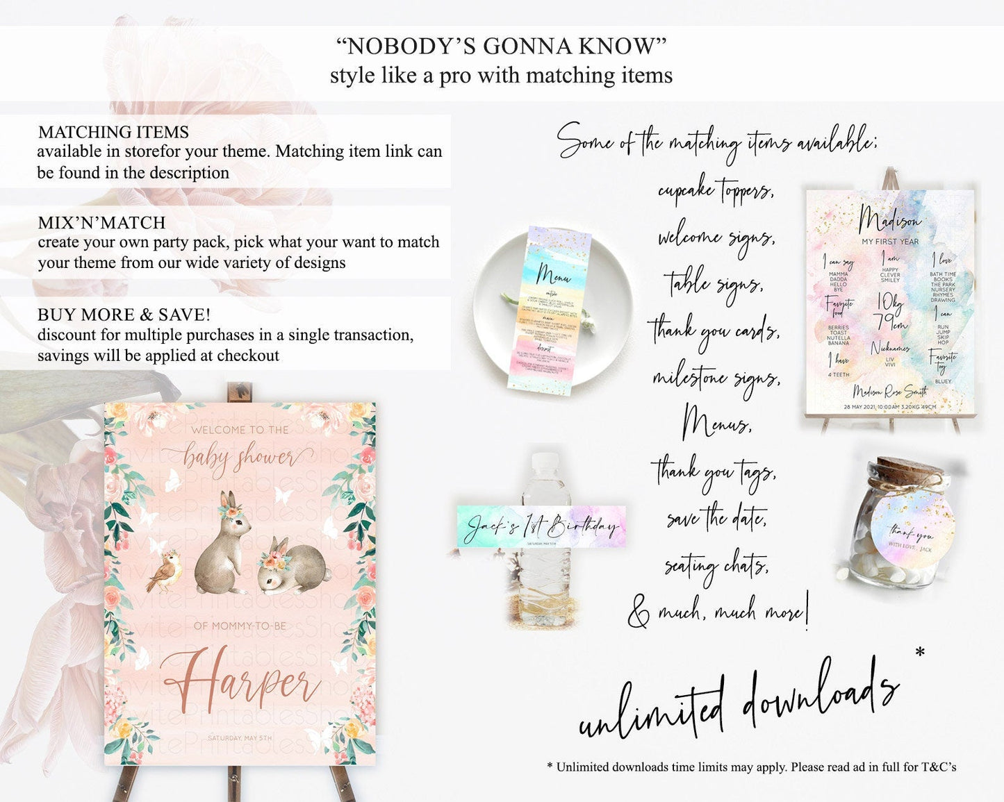 Bunny Baby Shower Welcome Sign Floral Bunny Welcome Board Pastel Flowers Woodland Bunny Welcome Poster Forest Bunny Welcome Sign D10922