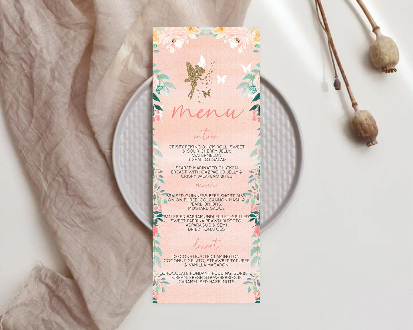 Fairy Menu Fairy Menu Template Enchanted Garden Pastel Floral Butterfly Table Decor Fairy Secret Garden Dinner Dessert Food Menu D10792
