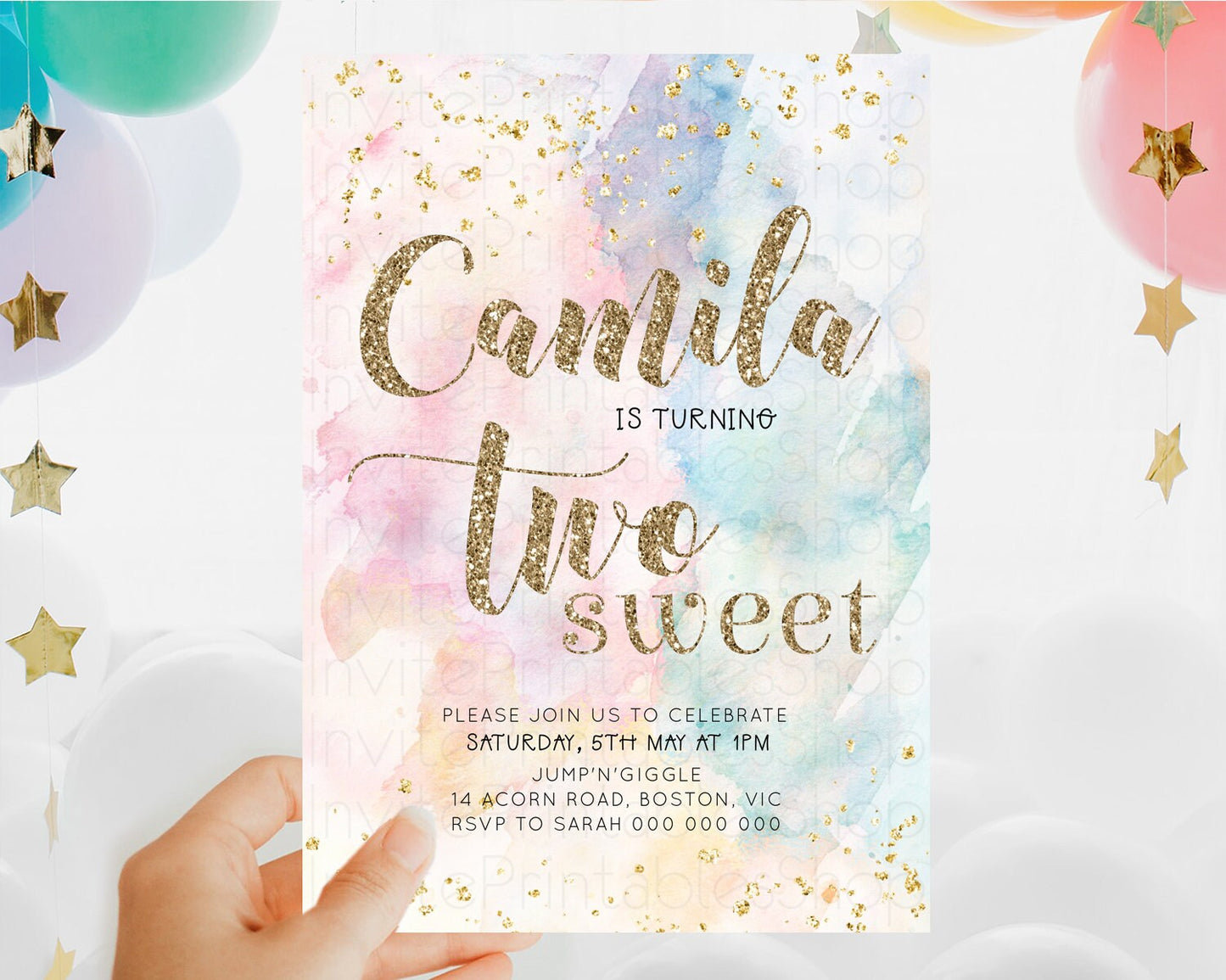 Rainbow Birthday Invitation Glitter Pastel Invitation Colorful Watercolor Gold Foil Splatter Sprinkle Ombre Two Sweet Invitation D10264