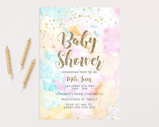 Editable Rainbow Baby Shower Invitation Pastel Watercolor Invitation Colorfu