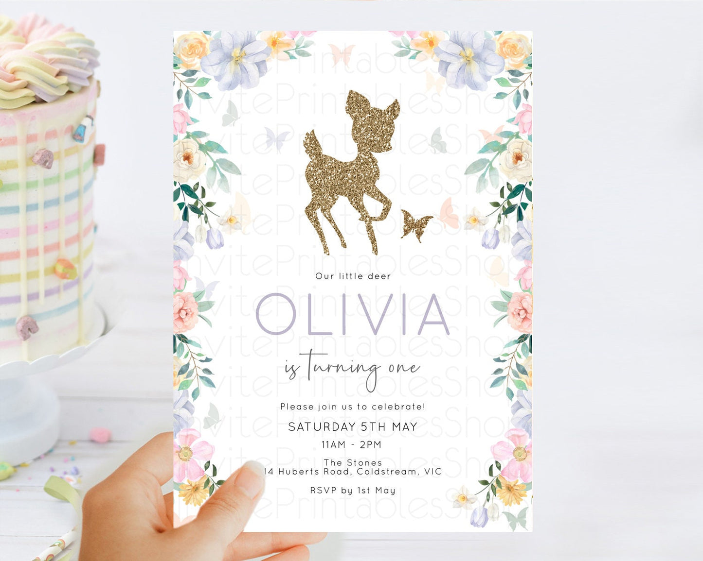 Fawn Birthday Invitation Deer Birthday Invitation Enchanted Forest Party Butterfly Pastel Flowers Whimsical 2nd 1st First Birthday D10477