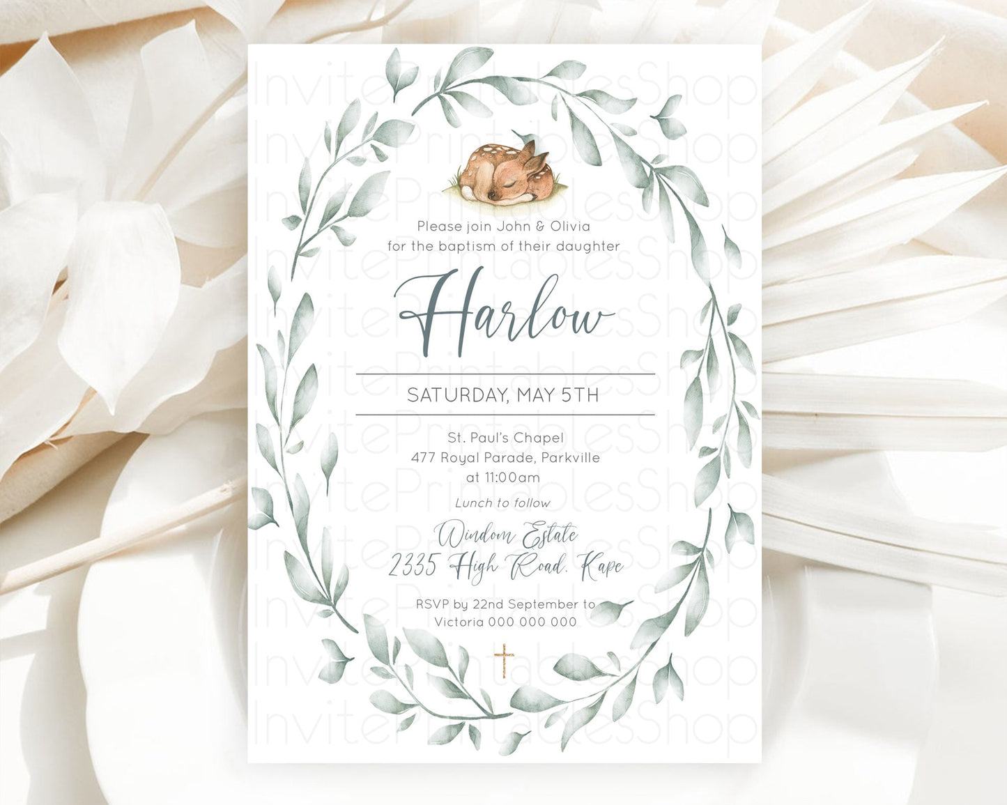 Editable Fawn Baptism Invitation Deer Baptism 1st Birthday Invitation Enchan