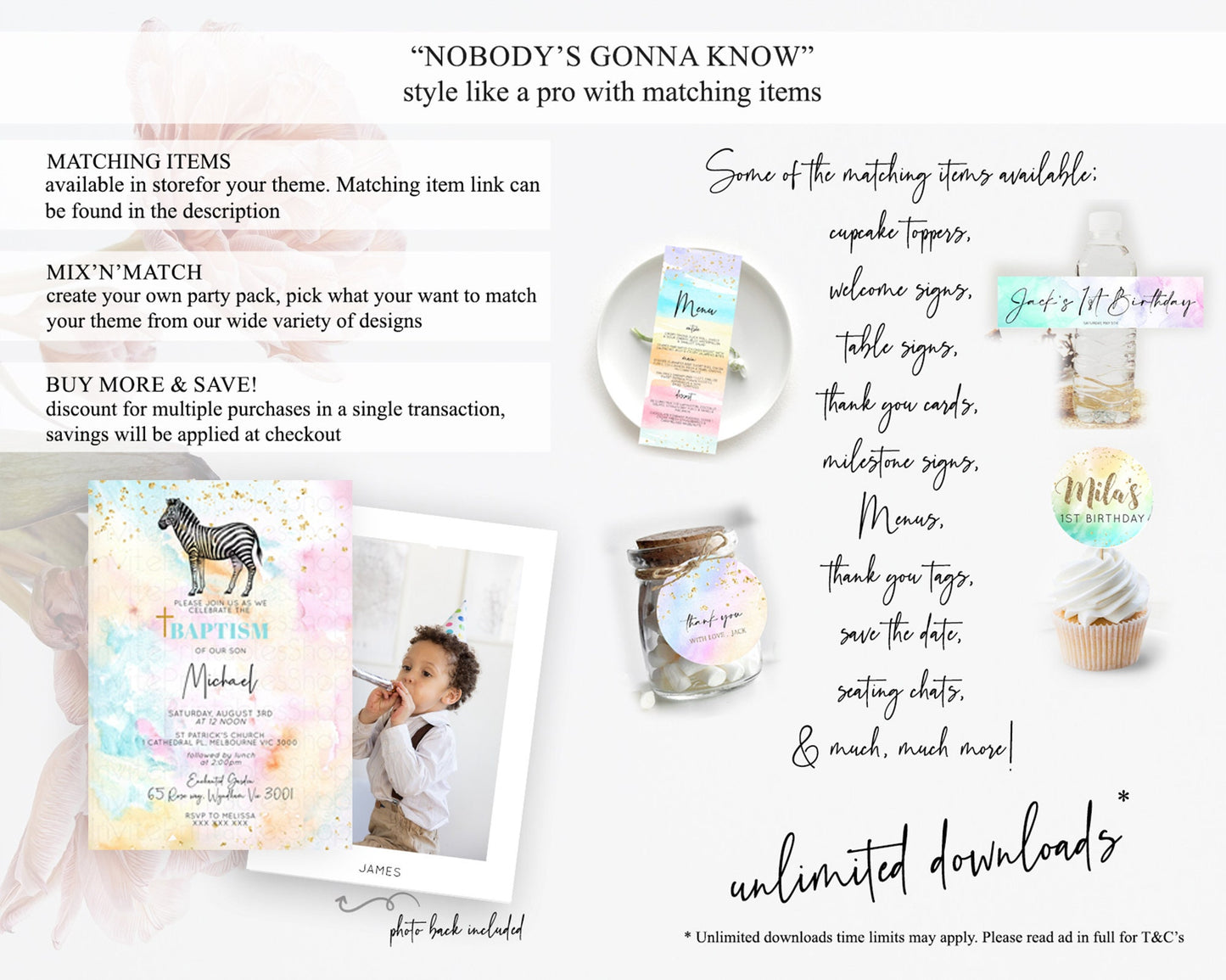 Pastel Zebra Baptism Invitation Watercolor Zebra Baptism 1st Birthday Invitation Rainbow Zebra Christening Invite Colorful Safari  D10281