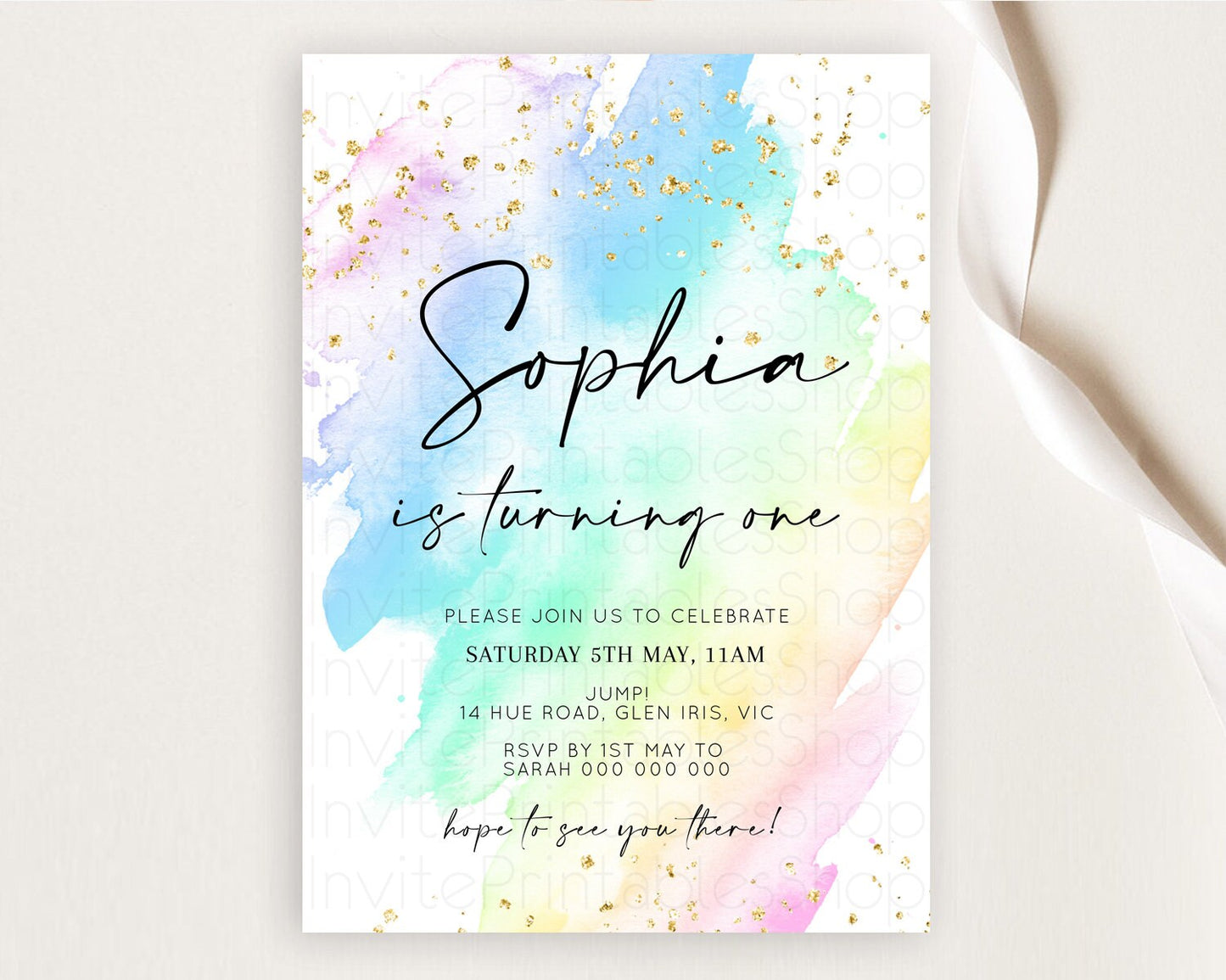 Rainbow Birthday Invitation Colorful Pastel Watercolor Invitation Gold Glitter Sprinkles Ombre Pastel 1st 2nd 3rd Birthday D10640