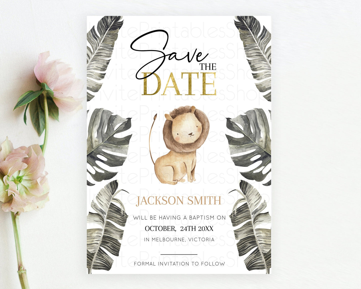 Safari Save The Date Template Lion Gorilla Elephant Rhino Animals Party Tropical Palm Zoo Theme For 1st Birthday Baptism Baby Shower D10599