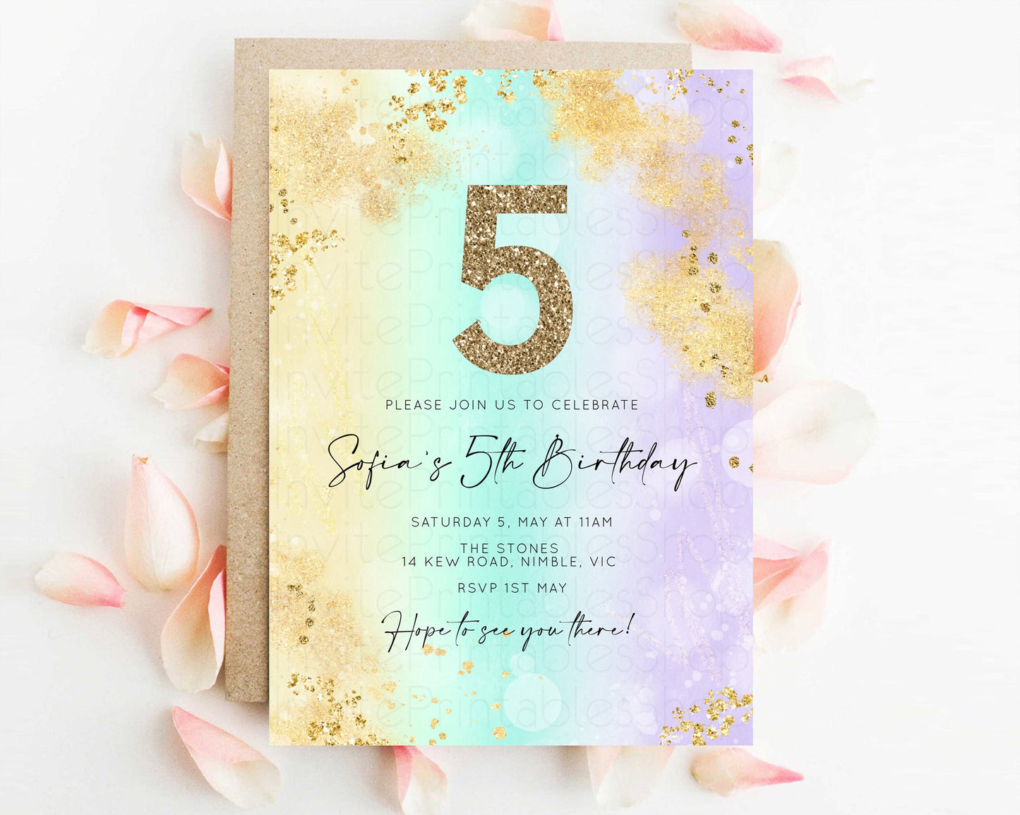 Rainbow Birthday Invitation Pastel Birthday Invite Ombre Watercolor Invite Enchanted Theme Colorful Splash Glitter Sprinkles 1st 2nd 3rd