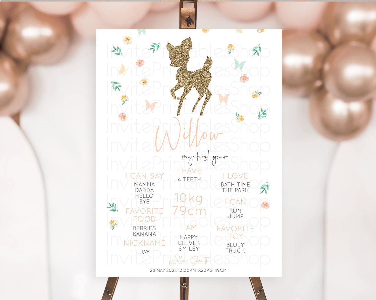 Fawn First Birthday Milestone Board Deer First Birthday Milestone Poster Enchanted Forest Butterfly Pastel Flowers 1st Birthday Sign D10355