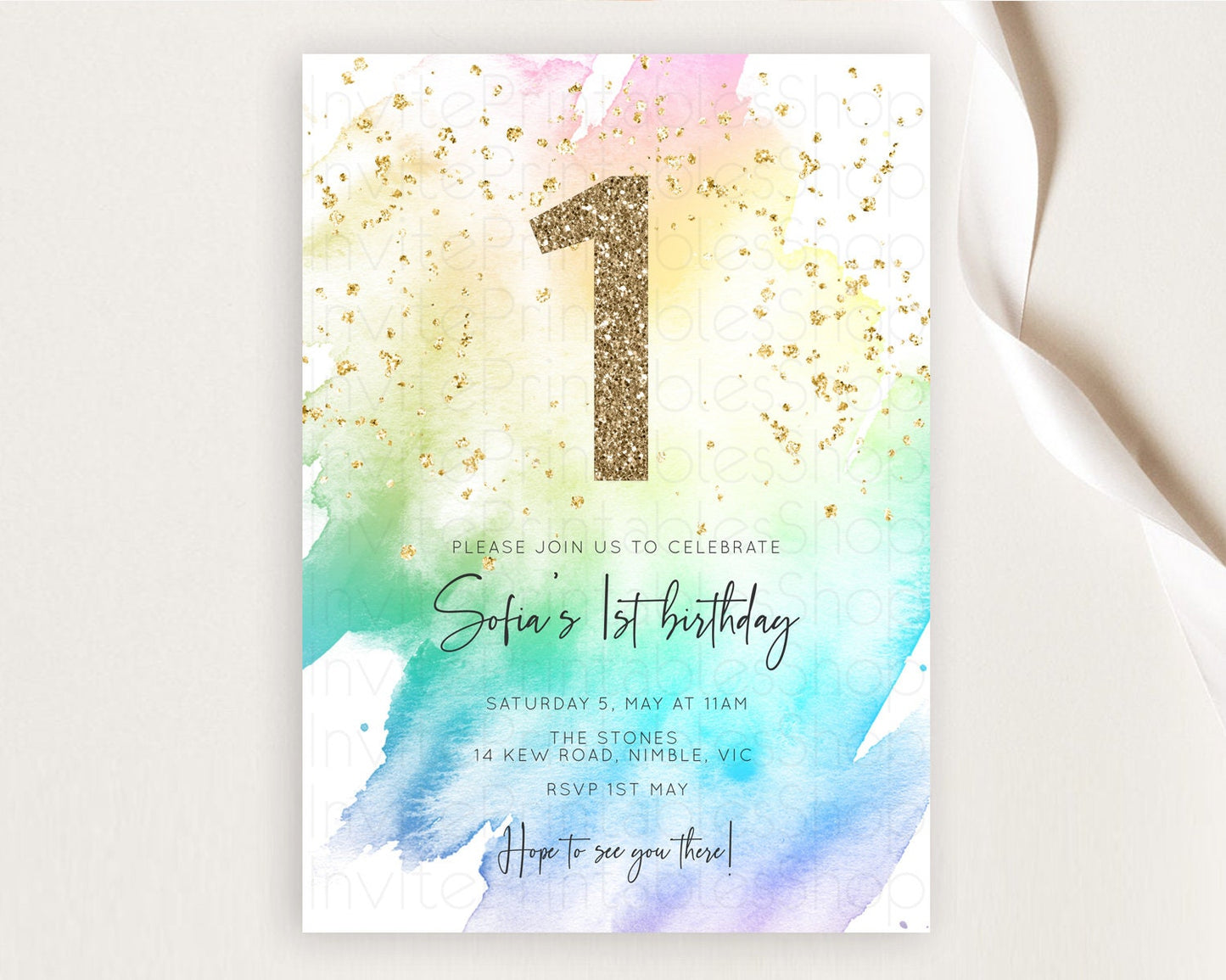 Rainbow Birthday Invitation Colorful Pastel Watercolor Invitation Gold Glitter Sprinkles Ombre Pastel 1st 2nd 3rd Birthday D10256