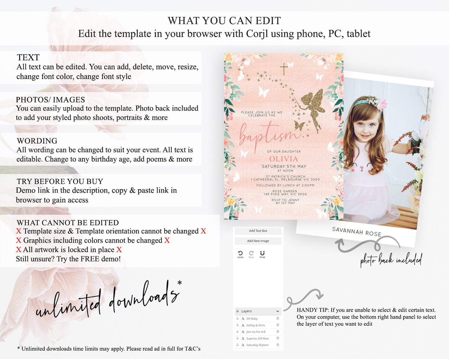 Fairy Baptism Invitation Fairy Baptism 1st Birthday Invitation Enchanted Secret Garden Christening Invite Pastel Floral Butterfly D10792