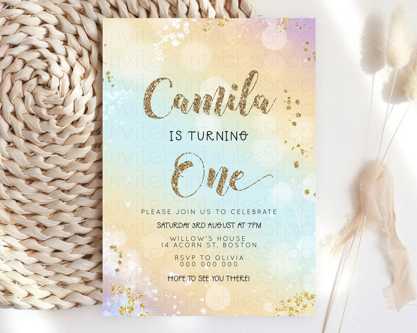 Rainbow Birthday Invitation Colorful Pastel Watercolor Invitation Gold Glitter Sprinkles Ombre Pastel 1st 2nd 3rd Birthday D23123