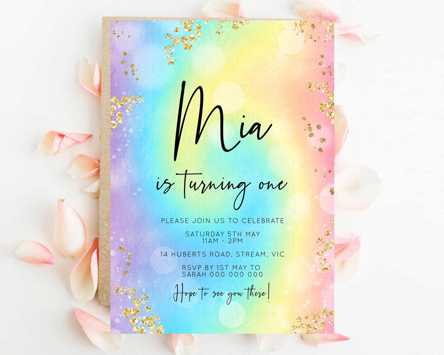 Rainbow Birthday Invitation Glitter Pastel Invitation Colorful Watercolor Gold Foil Splatter Sprinkles Ombre Glitter Invite 1st 2nd 3rd t571