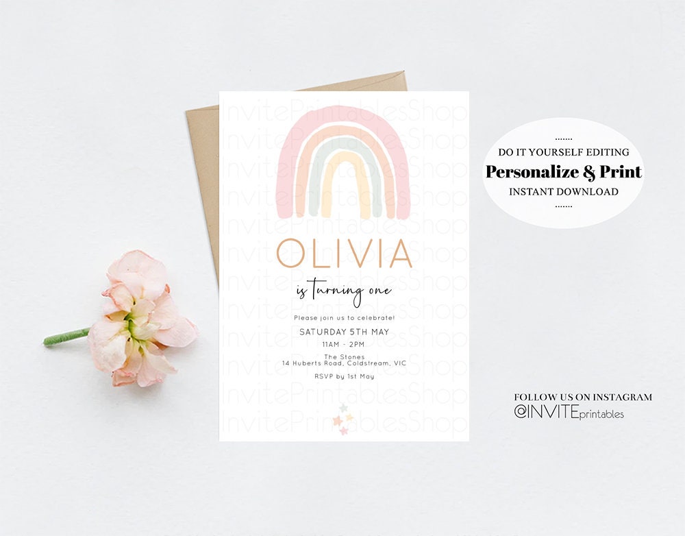 Rainbow Birthday Invitation Pastel Colorful Twinkle Stars Heart Watercolor Pink Blue Green Yellow Simple Modern Printable Template Invite