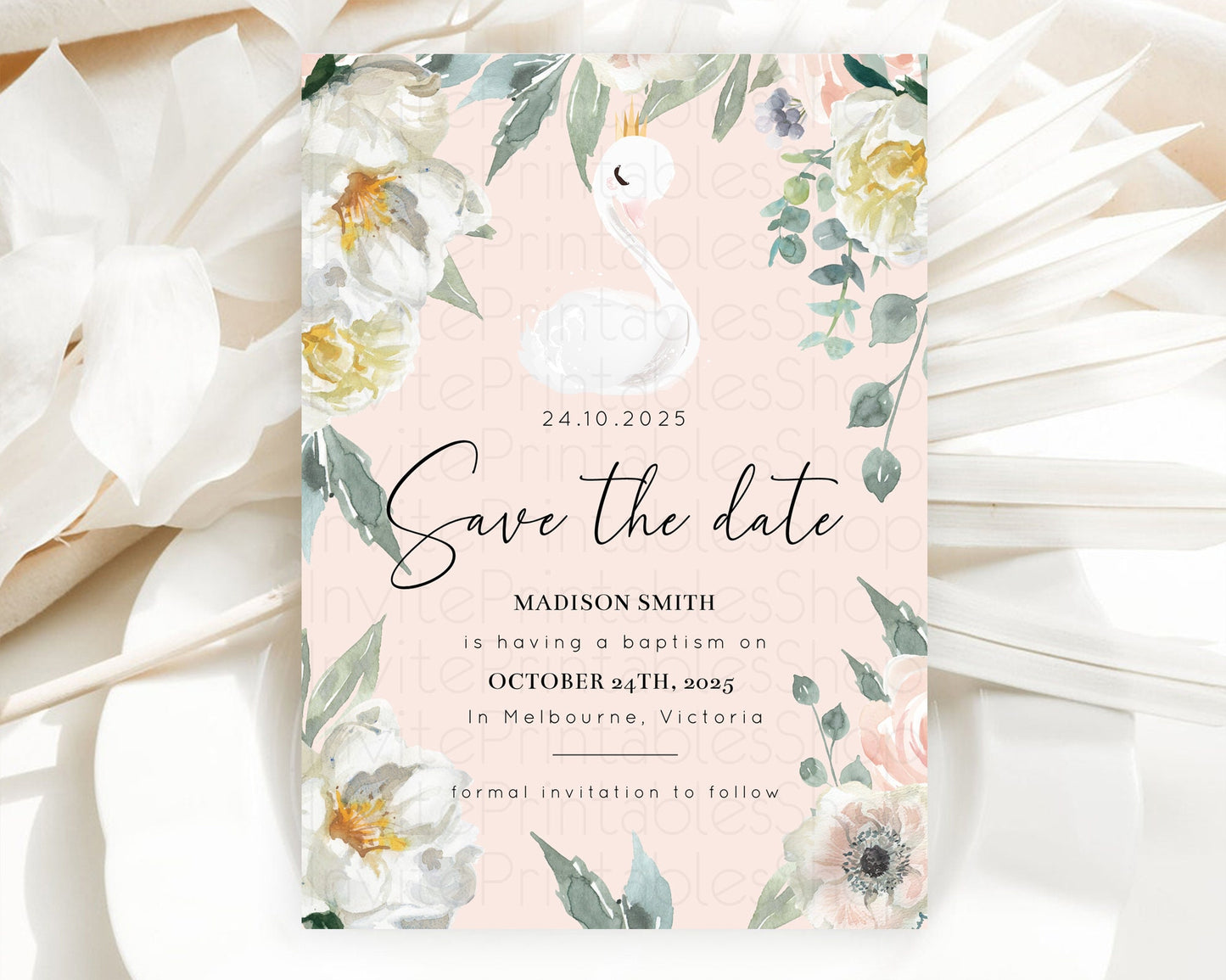 Swan Save The Date Template Swan Princess Ballet Party Enchanted Swan Lake Secret Garden Pastel Floral Birthday Baptism Baby Shower  D10755