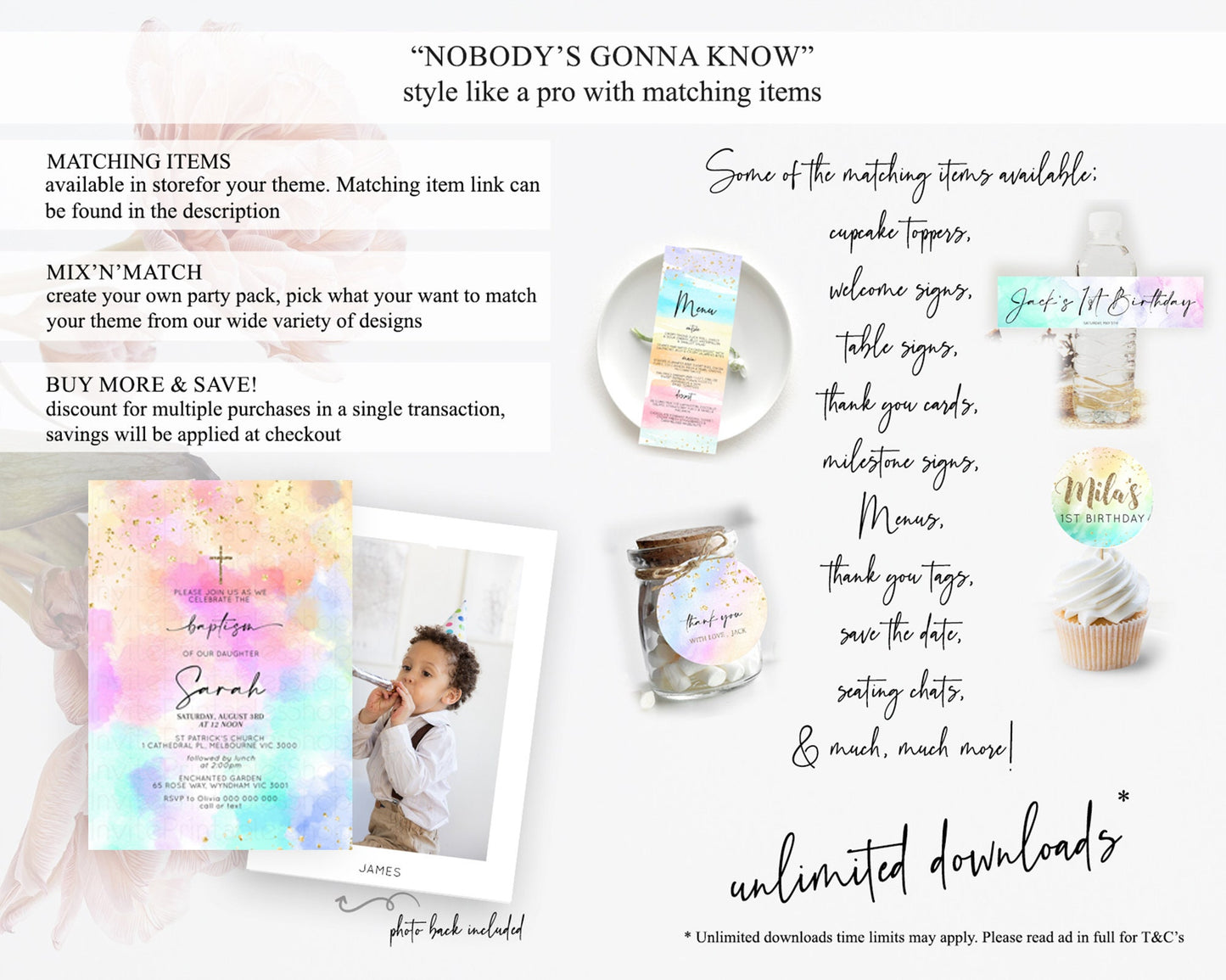 Pastel Baptism Invitation Pastel Colors Watercolor Baptism 1st Birthday Party Gold Ombre Pastel Rainbow Christening Holy Communion D10667