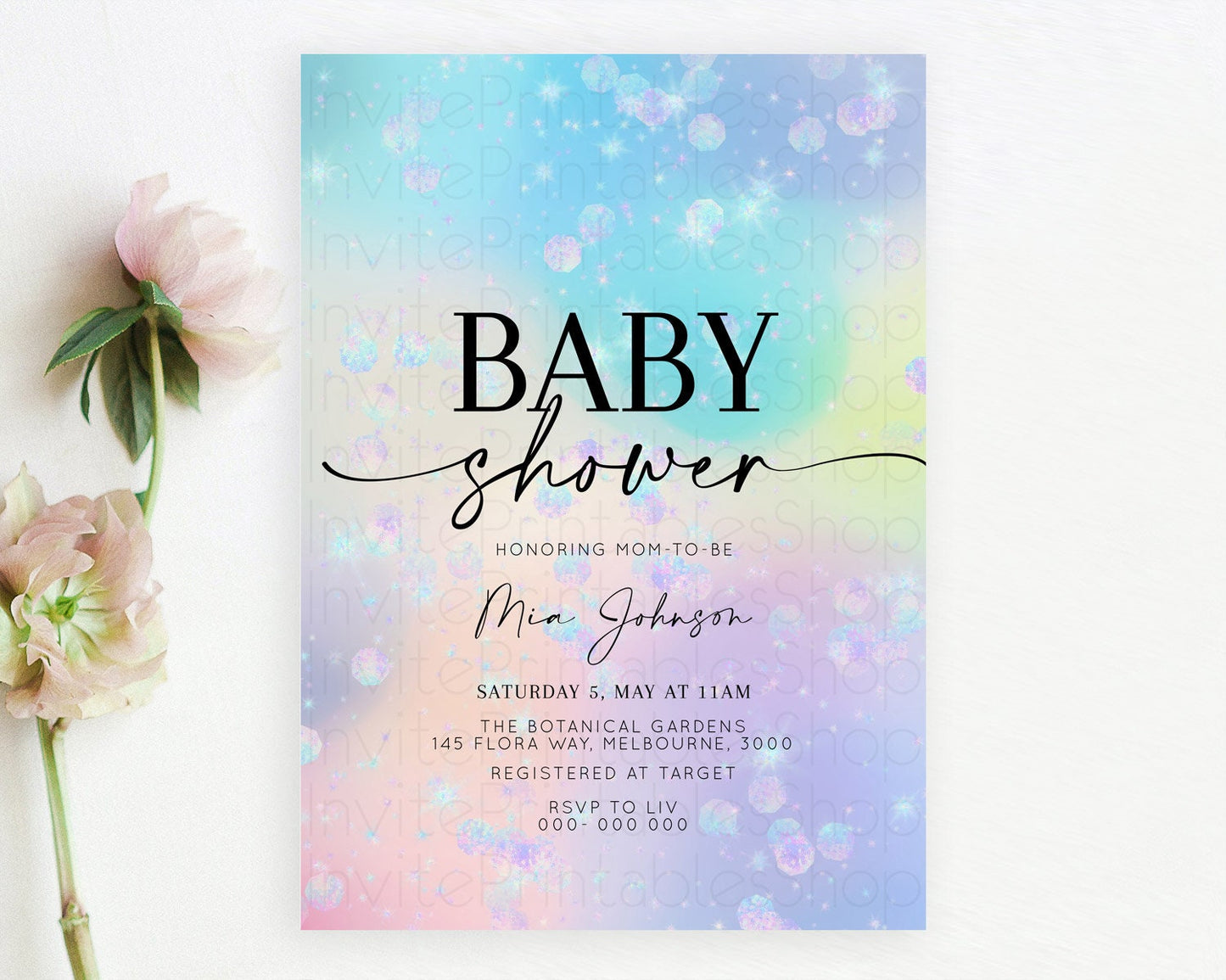 Pastel Rainbow Baby Shower Invitation, Pastel Watercolor with Iridescent Confetti Sprinkles - Colorful Invite Blue, Purple, Yellow D10665