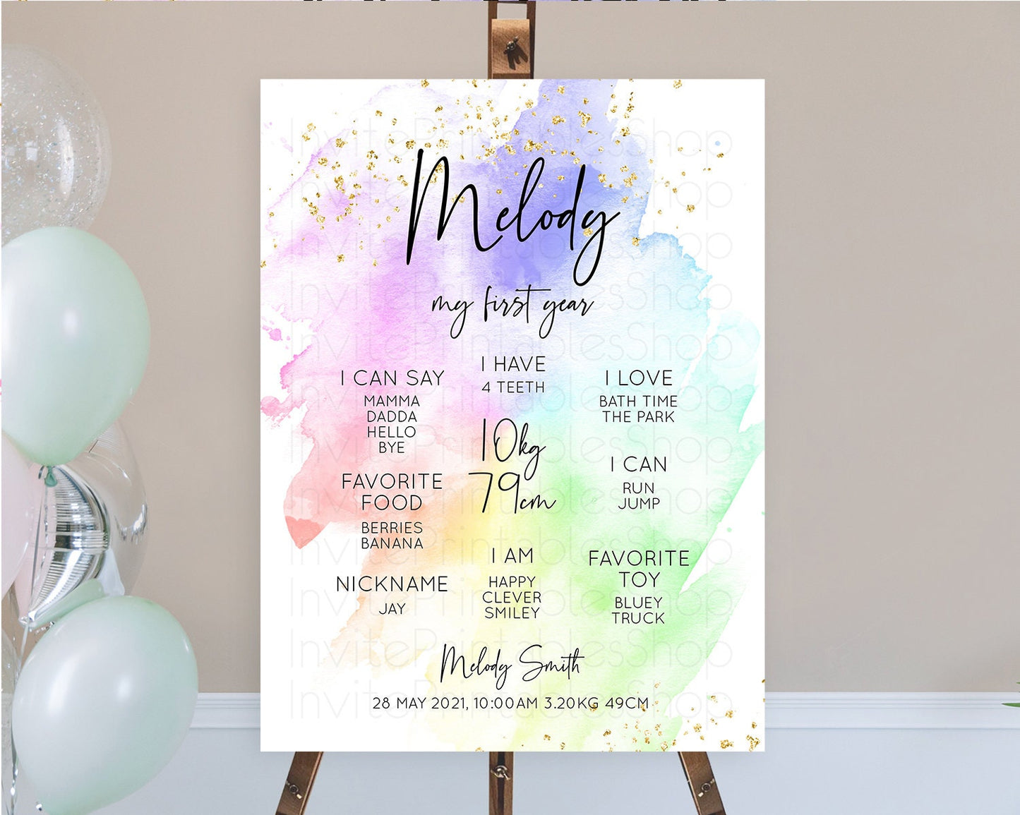 Pastel First Birthday Milestone Board Pastel Rainbow Milestone Poster Colorful Confetti Watercolor Glitter 1st Birthday Welcome Sign D10316