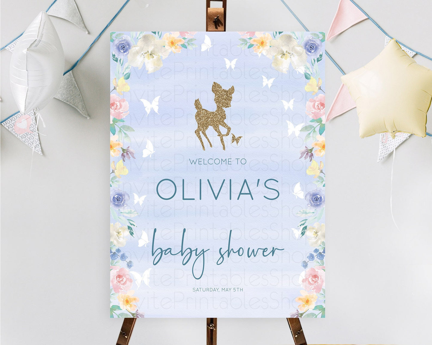 Fawn Baby Shower Welcome Sign Deer Welcome Board Floral Deer Welcome Poster Enchanted Forest Butterfly Pastel Floral Welcome Sign D10879