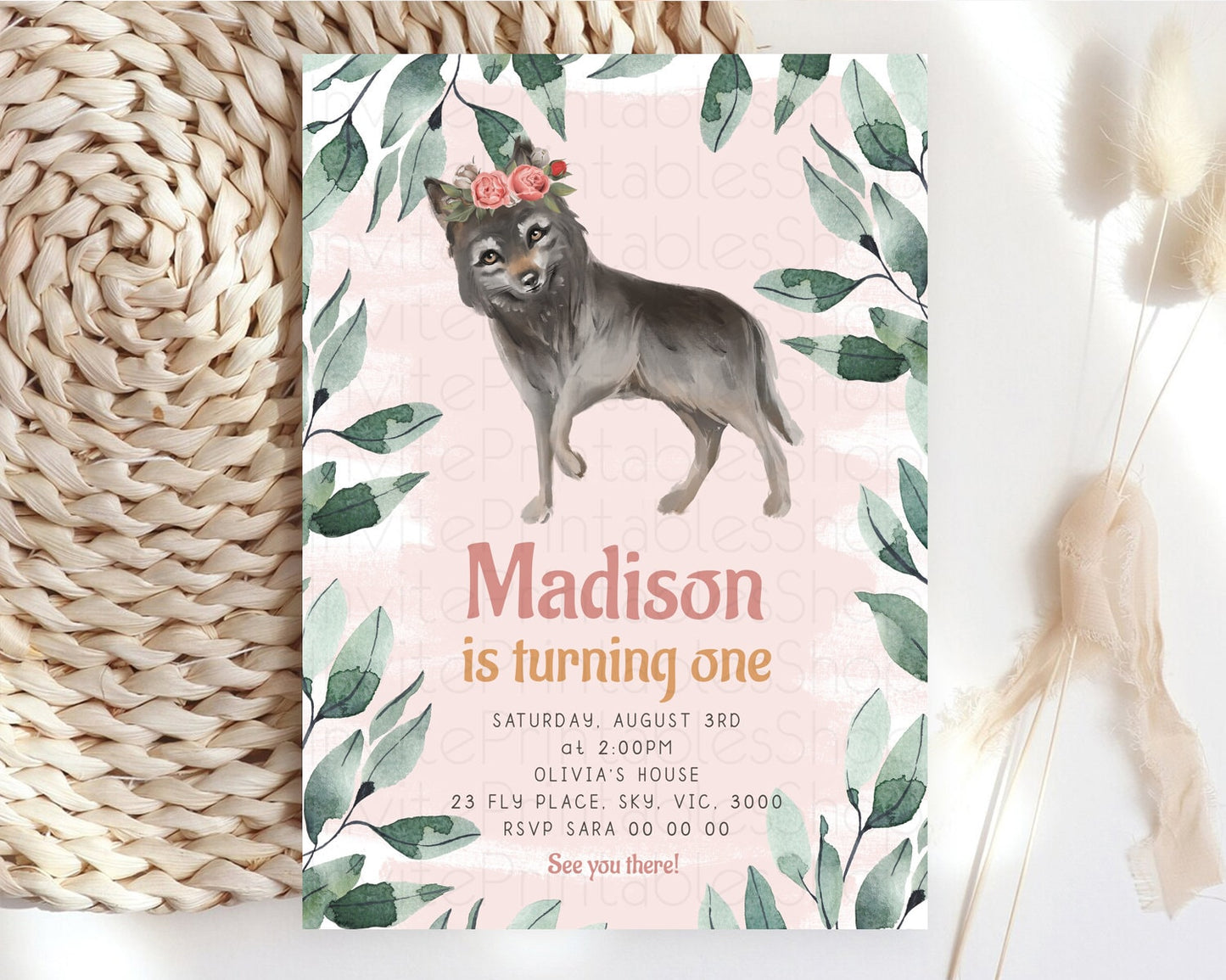 Wolf Birthday Invitation Wolf Invitation Pastel Wolf Birthday Enchanted Forest Woods Wolf Floral Invitation Howling Birthday Party D10535